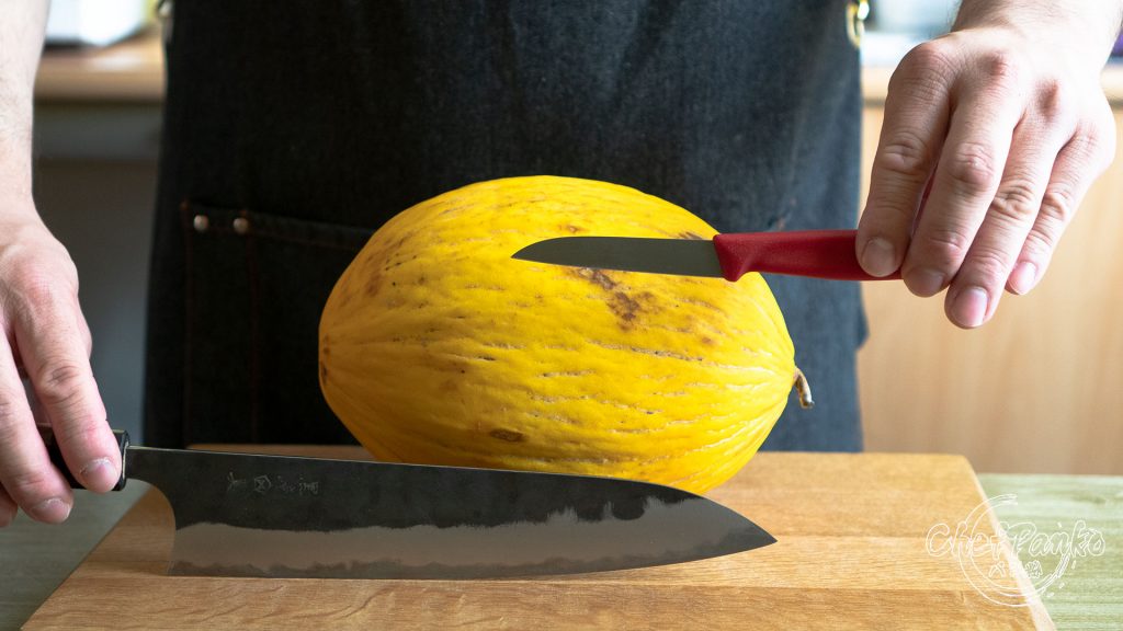 In this example: I rather use the Gyuto over the parinf knife to split the melon open.